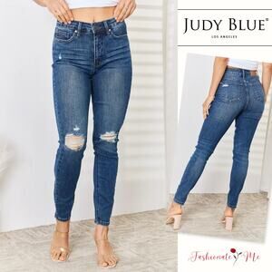 Judy Blue Mid Rise Waist Distressed Detail Zip Fly Dark Wash Slim Denim Jeans
